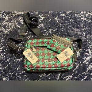 Coach Elias Camera Bag in Teal/ Wine Houndstooth with Slim ID